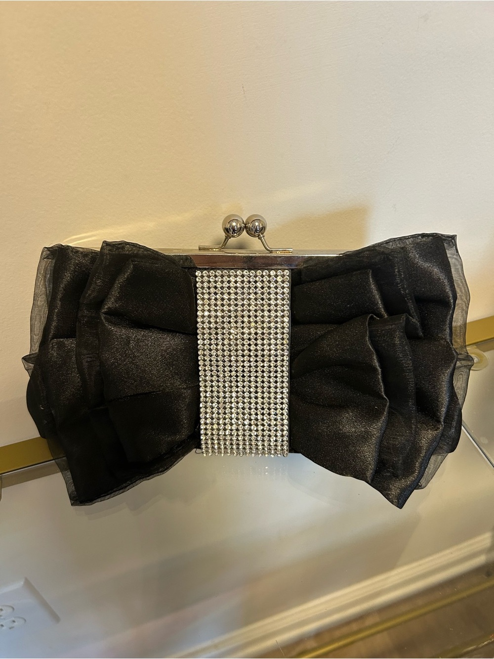 Elegant Black Bow Evening Clutch with Crystal Accent